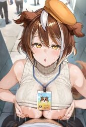 1boy 1girls ai_generated blush breasts breasts_out brown_hair collie_woolchaser dog_ears dog_girl dog_tail female hat huge_breasts large_penis male nipples paizuri paizuri_under_clothes pov public public_nudity public_paizuri public_sex straight sweat sweater sweater_lift virtual_youtuber yellow_eyes