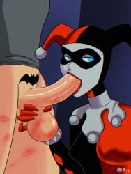 1girl1boy accurate_art_style accurate_body_type batman batman:_the_animated_series batman_(bruce_wayne) batman_(series) batman_logo blowjob blue_eyes bruce_wayne bwc casual cheating clothed_female clothed_sex clown clown_costume clown_girl confident correct_artstyle dark_red_lipstick dc_comics dcau erect_nipples erect_penis erection eyeshadow fellatio funny gloved grabbing_balls gripping_balls harleen_quinzel harley_quinn harley_quinn_(classic) hero_and_villain hero_costume hero_on_villain hero_on_villainess imminent_sex large_penis lipstick lipstick_mark lipstick_marks lipstick_on_balls lipstick_on_penis lipstick_on_thighs lipstick_smear looking_away ntr oral oral_sex pale-skinned_male pale_skin perky_breasts perky_nipples pranky shiny_balls shiny_lips shiny_penis simple_background smug villainess