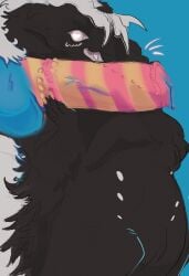 andromorph anthro avian balls bird black_body black_fur black_wings blue_balls bugle_(sourfry) celestialboner chimera claws duo eiderdown_(celestialboner) fluffy fur genitals herm hi_res hybrid intersex male maleherm penis potoo size_difference striped_genitalia striped_penis stripes white_body white_paws white_skin wings