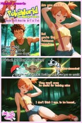 ai_generated bangs bare_shoulders blush breasts brock_(pokemon) cleavage closed_mouth collarbone crop_top denim denim_shorts eyelashes female geodude gym_leader heart heart-shaped_pupils kasumi_(pokemon) looking_up medium_breasts miaulust misty_(pokemon_frlg) navel onix orange_hair patreon_logo patreon_username pokemon pokemon_(creature) pokemon_(species) shorts side_ponytail sitting solo spread_legs suspenders symbol-shaped_pupils tagme tank_top watermark