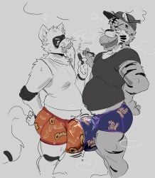 akachionmain anthro balls bara barazoku big_balls big_bulge big_penis bulge bulges_touching flaccid food furry huge_cock male male_only muscles muscular penis