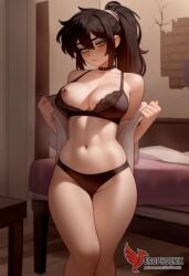 1girls 2d ai_generated ass bare_shoulders barefeet big_ass big_breasts black_bra black_hair black_panties breasts erophoenix feet female female_focus from_behind full_body glowing_eyes huge_breasts looking_at_viewer looking_back milf nipple_piercing nipples nude older_woman pale_skinned_female patreon_username ponytail renee_graves shorts sleepy_eyes smile soles solo solo_female sweat the_coffin_of_andy_and_leyley thick thick_thighs toes uncensored underwear v voluptuous