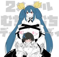 big_breasts bigger_female blue_hair blue_hair_female breasts clothed clothed_female dizzy_(guilty_gear) guilty_gear guilty_gear_strive height_difference large_boobs large_breasts larger_female light-skinned_female light_skin mother_and_daughter ningenvokujo red_eyes red_eyes_female shorter_female size_difference smaller_female unika_(guilty_gear)