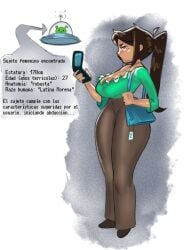 alien breasts brown_hair brown_pants brown_skin cellphone female green_shirt green_skin looking_at_viewer notwawita oc sfw spanish_text thick_thighs