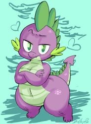 1boy anthro arms_crossed belly breasts bulluppa chubby chubby_male dragon dragon_tail fat friendship_is_magic green_eyes green_hair hasbro heart_symbol hips looking_at_viewer male male_focus male_only moobs my_little_pony my_little_pony_friendship_is_magic nude nude_male purple_body scalie scalie_humanoid shortstack spike_(mlp) stomach tail thick_thighs thighs wide_hips