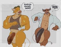 akachionmain anthro balls bara barazoku big_balls big_penis bovid bull flaccid furry gay huge_cock male male_only muscles muscular penis speech_bubble