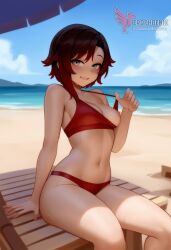 1girls 2d ai_generated ass back barefoot beach beachball big_ass big_breasts bikini black_bikini day erophoenix feet female gradient_hair looking_at_viewer looking_back multicoloured_hair nipple_slip nipples outdoors pale_skinned_female patreon_username red_hair ruby_rose rwby short_hair sitting sky smile soles solo swimsuit two-tone_hair umbrella uncensored