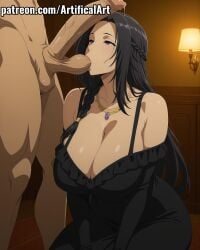 1boy 1girls ai_generated artifical_art balls balls_in_mouth big_breasts black_hair blush earrings elf elf_ears female gamma_(the_eminence_in_shadow) jewelry kage_no_jitsuryokusha_ni_naritakute! light-skinned_female light_skin long_hair male necklace penis penis_on_face perfect_body pointy_ears purple_eyes sucking sucking_balls the_eminence_in_shadow