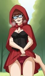 ai_generated ass bigmic145 breasts capelet cartoon_network cleavage corset cosplay female hood panties red_hair red_riding_hood red_riding_hood_(cosplay) scooby-doo scooby-doo!_mystery_incorporated skirt tease teasing velma_dinkley velma_dinkley_(mystery_incorporated)