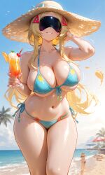 ai_generated beach big bikini blindfold blonde_hair breast breasts female mihoyo navel smile solo straw_hat trigger_(zenless_zone_zero) zenless_zone_zero