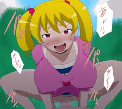 1boy 1girls airu_suzaki big_breasts blonde_hair blush breasts censored censored_pussy digimon digimon_xros_wars digimon_xros_wars-hunters female japanese_text male male/female nipple_bulge nipples penis pink_eyes pixelated pleasure_face pov pussy sex text twintails vaginal_penetration