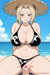 ai_generated beach bikini bikini_aside blue_sky cow_print_bikini cowgirl_position cum_in_pussy cum_on_breasts cum_on_face ejaculation large_breasts naruto_(series) naruto_shippuden ocean penis pinku.ai smirk straw_hat thick_thighs tsunade