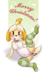 2019 anal animal_crossing anthro anus blush bodily_fluids breasts candy candy_cane candy_cane_insertion canid canine canis clothing collar domestic_dog female feral food food_play fur genital_fluids hi_res isabelle_(animal_crossing) legwear looking_at_viewer mammal merry_christmas navel nintendo nipples nude pussy pussy_juice simple_background slowderpyguy smile solo spread_legs spreading thigh_highs tongue tongue_out video_games