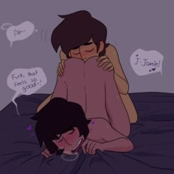 2boys anilingus ass_up bed bed_sheet blush breath cartoon_network closed_eyes duo english_text gay glitter-bite heart jamie_(steven_universe) kevin_(steven_universe) licking_anus male male_only night oral sex short_hair steven_universe text