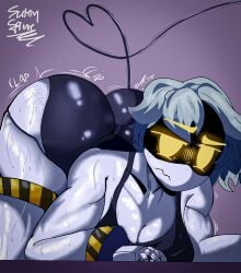1girls ass_bigger_than_head ass_focus ass_up big_ass big_breasts female female_focus female_only glitch_productions looking_at_viewer murder_drones plain_background solo_focus sultryspline sweat sweating thick_ass thick_thighs v_(murder_drones)