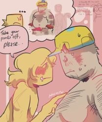 2boys age_difference asking_for_consent block_tales blush builderman conflicted consensual disguise fat_male flustered gay hairy hatred_(block_tales) male mastectomy_scar millyltn nervous player_(block_tales) shapeshifter sweat top_surgery_scars unusual_genitalia yellow_skin