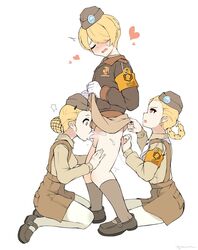 1boy 2girls anal_fingering blonde_hair blush braid cum cum_in_mouth fellatio fingering garrison_cap girls'_frontline hair_bun hair_net hair_over_one_eye hat heart highres kim_da-yoon kneeling m2_(girls'_frontline) military military_hat military_uniform multiple_girls necktie open_mouth oral penis philipposter prostate_milking red_eyes rule_63 short_hair simple_background skirt socks teamwork testicles uniform white_background