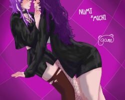 2girls akuma_nihmune ass black_outfit chocker fanart female/female female_only finger_on_cheek fishnet_legwear fishnets glasses imminent_kiss imminent_yuri indie_virtual_youtuber large_breasts leaning_forward michi_mochievee mismatched_legwear multicolored_hair multiple_girls ogamatoad_(artist) purple_background purple_hair shorts stockings thick_thighs twitch virtual_youtuber vshojo yuri yuri