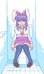 1futa 1girl 1girls after_sex animal_ears blazer blouse blush brown_footwear bunny_ears bunny_tail cum cum_drip cum_in_mouth cum_on_breasts cum_on_clothes eyebrows_visible_through_hair futa_on_female hell_angel jacket junko_(touhou) loafers long_hair long_sleeves medium_skirt necktie open_mouth panties pink_skirt purple_hair red_eyes red_neckwear reisen_udongein_inaba shoes skirt tail toilet touhou white_blouse