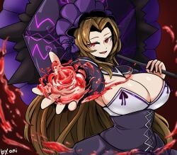 1girls artist_name blood breasts brown_hair cleavage corset dress female female_only headdress holding_object huge_breasts large_breasts light-skinned_female light_skin limbus_company long_hair oni_(26153732) project_moon red_eyes rodion_(limbus_company) smile solo umbrella