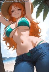 ai_generated aqua_bikini armpits arms_behind_head arms_up artist_name bangs bare_shoulders beach bikini bikini_top bikini_under_clothes blank_forest blue_bikini blue_sky blush breasts brown_eyes cleavage closed_mouth cloud collarbone cowboy_shot day denim dutch_angle eyebrows_visible_through_hair female green_bikini groin hat jeans large_breasts lips long_hair looking_at_viewer lowleg nami_(one_piece) navel ocean one_piece open_fly orange_eyes orange_hair outdoors palm_tree pants red_hair sand sidelocks skindentation sky smile solo standing stomach straw_hat sun_hat swimsuit tattoo tree underboob water watermark wide_hips