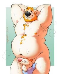 absurd_res anthro armpit_tuft balls bear bearded belly bellyhair bodily_fluids body_hair chest_hair deep_navel disembodied_hand droplets embarrassed erection genital_fluids genitals ghost_hand ginger gwolk hair hands_behind_head hi_res holding_balls looking_up male mammal musclegut muscular navel nipples nude nude_anthro nude_male orange_hair overweight overweight_anthro overweight_male penis precum precum_on_penis precum_string shy shy_smile simple_background slightly_chubby smile solo stocky sweat sweatdrop vein veiny_penis white_body
