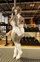 absurd_res ass big_butt big_penis blender_(artwork) blender_cycles bodily_fluids bovid caprine digital_media_(artwork) female genitals goat gym hi_res horn intersex intersex/female mammal mereo muscular muscular_female penis selfie solo stella_(dayumboai) sweat taking_picture