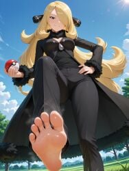 1girls ai_generated barefoot blonde_hair bodily_fluids clothed clothed_female clothing cynthia_(pokemon) feet female female_only foot_fetish foot_focus game_freak light-skinned_female light_skin nintendo outdoors outside pokeball pokemon pokemon_bdsp pokemon_dppt public soles solo solo_female solo_focus steam steaming_body steamy_feet sweat sweaty_feet toes