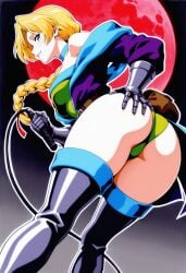 ai_generated ass ass_focus ass_grab blonde_female blonde_hair blue_eyes braid braided_hair castlevania castlevania_legends female female_only full_moon gauntlets green_leotard jacket leotard looking_at_viewer on_back parted_bangs seductive seductive_look sonia_belmont thigh_boots thighs whip