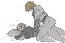 1boy belt black_belt black_sweater blonde_hair blush breasts closed_eyes faust_(project_moon) female full-face_blush gauntlets heart hugging_object large_breasts limbus_company n_corp._fanatic_(identity)_(project_moon) ohzv open_mouth pants pillow pillow_hug project_moon ribbed_sweater sex shirt short_hair sinclair_(project_moon) spoken_heart straight sweat sweater white_pants white_shirt