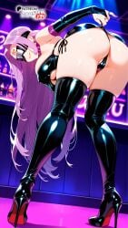 ai_generated areola_slip ass ass_focus bent_over black_thighhighs blindfold bodycon bodysuit boosterred99 boots bridal_gauntlets collar fate/grand_order fate_(series) from_behind from_behind_position full_body high_heel_boots illustrious_(stable_diffusion) large_breasts latex latex_clothing latex_gloves legs long_hair medusa_(fate) medusa_(rider)_(fate) naughty_face night nightclub pony_diffusion_xl purple_hair side-tie_bikini sideboob stable_diffusion thick_thighs thighs thong