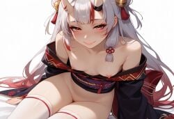 ai_generated hexd hololive horns multicolored_hair nakiri_ayame nipples oni red_hair smile thick_thighs thighhighs thighs white_hair
