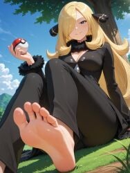 1girls ai_generated barefoot blonde_hair clothed clothed_female clothing cynthia_(pokemon) feet female female_only foot_fetish foot_focus game_freak light-skinned_female light_skin nintendo outdoors outside pokeball pokemon pokemon_bdsp pokemon_dppt public soles solo solo_female solo_focus toes