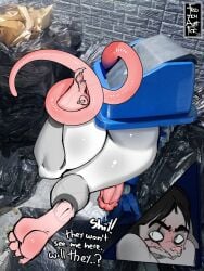 2025 american_opossum anthro ass big_butt big_penis black_hair blush bodily_fluids claws cum dialogue digital_media_(artwork) dripping english_text erection eye_markings feet frozenartifice fur futanari genital_fluids genitals hair hi_res hiding humanoid_genitalia humanoid_penis intersex mammal markings marsupial nude outside penile penis photo_background photography_(artwork) precum precum_drip sharp_teeth tail tail_around_foot teeth text thick_thighs toe_claws toes trash trash_bag trash_can trash_can_lid virginia_opossum white_body white_fur wide_hips