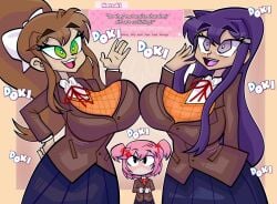 3girls 5_fingers big_breasts blue_skirt breasts breasts_to_breasts clothed clothed_female clothes clothing ddlc_text_box doki_doki_literature_club english_text female green_eyes kaiserrico long_hair monika_(doki_doki_literature_club) mouth_open natsuki_(doki_doki_literature_club) open_mouth pink_hair purple_eyes purple_hair short_hair skirt talking talking_to_another text unaware yuri_(doki_doki_literature_club)