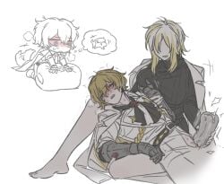 1boy ascot belt black_ascot black_belt blonde_hair blush breasts coat coat_on_shoulders collared_shirt faceless faceless_female faust_(project_moon) female handjob large_breasts leg_up limbus_company lying multicolored_hair n_corp._fanatic_(identity)_(project_moon) ohzv on_back open_mouth pants project_moon rope shirt short_hair simple_background sinclair_(project_moon) straight streaked_hair sweat sweater turtleneck turtleneck_sweater white_background white_coat white_hair white_pants white_shirt