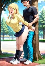 ai_generated big_ass big_breasts blonde_female blonde_hair blonde_hair_female doggy_style hidaka_koharu high_score_girl huge_ass huge_breasts outdoor_sex outdoors sex sex_from_behind standing standing_doggy_style standing_sex thick_thighs thighs