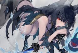 animal_ear_fluff animal_ears bandaged_chest black_hair blue_fire blunt_bangs breasts cowboy_shot female fire fox_ears fox_girl grey_background hanging_breasts holding holding_sword holding_weapon hoshimi_miyabi jacket large_breasts long_hair looking_at_viewer open_mouth red_eyes sidelocks simple_background solo sword tailless_(zenless_zone_zero) teeth textless_version torn_clothes torn_jacket towatowa114 weapon zenless_zone_zero