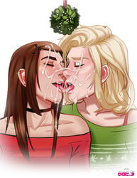 2girls andava andavaverse best_friends blonde_hair braces brianna_(andava) brown_hair christmas closed_eyes cum cum_on_face cum_sharing ear_piercing erica_andreyko female female_focus female_only kissing mistletoe multiple_girls simple_background snowballing tongue_out yuri