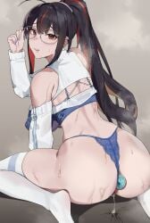absurdres adjusting_eyewear anal anal_object_insertion ass black_hair blue_bra blue_panties bra breasts butt_plug colored_inner_hair commentary_request detached_sleeves female goddess_of_victory:_nikke highres lace lace_panties large_breasts long_hair long_sleeves looking_at_viewer moran_(nikke) moran_(off-duty_queen)_(nikke) multicolored_hair object_insertion paid_reward_available panties parted_lips pumi_puru purple_nails pussy_juice red_eyes red_hair round_eyewear sex_toy simple_background sitting sleeve_zipper solo sweat thighhighs two-tone_hair underwear very_long_hair wariza white_sleeves white_thighhighs
