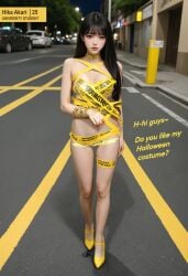 ai_art ai_assisted ai_generated asian_female attention_seeker attention_seeking caution_stripes caution_tape caution_tape_bondage costume costume_party exhibitionism exhibitionist female female_focus halloween_costume halloween_theme high_heels japanese_female leaking leaking_pussy leaking_pussy_juice long_hair makeup name_tag night nightclub pale_skin pale_skinned_female pink_lips pink_lipstick puddle_(kink) red_nail red_nail_polish red_nails slutty_costume slutty_dress slutty_waist soaked soaked_pussy solo_female solo_focus street tape_over_pussy text text_bubble text_on_clothing turned_on vinyl_clothing wet wet_body wet_pussy yellow_heels