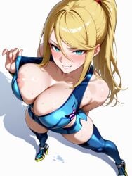 ai_generated arched_back blush cleavage crop_top curvy curvy_figure drool_on_breasts drooling drop_shadow exposed_nipples heels high_angle intense_stare large_breasts looking_at_viewer metroid miniskirt nintendo nipple_slip plain_background pulling_clothing samus_aran scarletai_ shadow simple_background slim_waist smirk standing standing_with_legs_apart stockings sweat teasing thick_thighs thighhighs thight_clothing unstable_diffusion white_background zero_suit_samus