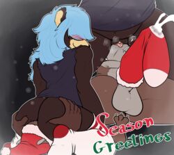 2019 absurd_res anthro ass balls batartcave blue_hair blush bodily_fluids brown_body brown_fur butt_grab christmas clothed clothing cock_sock cum cum_through_clothes cum_through_clothing cunnilingus duo facesitting female female_on_top fran_(pelao0o) fur furro genital_fluids hair hand_on_butt hat headgear headwear hi_res holidays legwear male mammal multicolored_clothing multicolored_legwear multicolored_socks on_top oral pussy red_clothing red_hat red_headwear santa_hat sex sock_on_penis socks straight thigh_highs thigh_socks thighhighs tongue two_tone_clothing two_tone_legwear two_tone_socks ursid vaginal_penetration wet wet_clothing white_clothing white_legwear white_socks