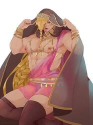 abs ambush_(trap) androgynous beelzebub_(granblue_fantasy) bikini blonde_hair braid bulge cape cleavage granblue_fantasy hair_over_one_eye jewelry long_hair male male_only muscles muscular_male muscular_trap nipples oketan pecs red_eyes solo tantan trap