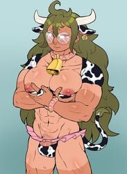 1male abs bell_collar big_breasts breast_hold breasts breasts_out cow_ears cow_horns cow_print cowboy_shot danganronpa danganronpa_v3 galsteaks gay gokuhara_gonta green_hair holding_breast large_breasts long_hair male male_only megane microskirt muscles muscular penis_slip round_glasses simple_background smooth_skin solo tanline tanned thick_thighs