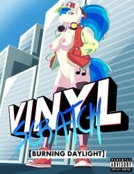 2019 absurd_res album_cover anthro anthrofied areola blue_hair bottomless breasts building casual_exposure chuck_taylor_all_stars clothed clothing cover cutie_mark equid eyewear female friendship_is_magic furry genitals hair hands_in_pockets hat headgear headphones headphones_around_neck headwear hi_res horn jacket legwear low-angle_view mammal my_little_pony nipples pockets ponytail pussy red_eyes regolithart skyscraper stockings sunglasses topwear unicorn vinyl_scratch_(mlp) worm's-eye_view