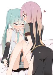 2girls ahe_gao blue_eyes blue_hair blush detached_sleeves fingering giryu giryu_sns hatsune_miku heart long_hair long_skirt megurine_luka multiple_girls necktie on_bed open_clothes open_shirt panties pink_hair skirt twintails underwear vocaloid yuri