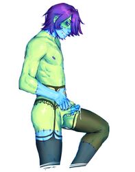 1boy cowboy_shot crossdressing cum erection garter_belt garter_straps looking_at_viewer male_only multicolored_skin nude penis pose purple_hair r18ghost smile solo_male standing stitched stitches thighhighs