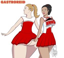 2girls ass big_ass big_butt blonde_hair brittany_pierce cheerleader gastroreid glee_(tv_series) heather_morris multiple_girls naya_rivera pinch pinching santana_lopez yuri