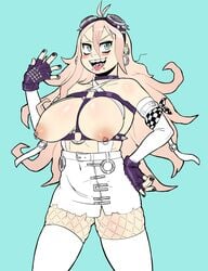 blush bondage cowboy_shot danganronpa danganronpa_v3 female fingerless_gloves fishnets galsteaks huge_breasts iruma_miu long_hair nipple_piercing open_mouth piercing pink_hair pose simple_background solo standing straight_hair tongue_out topless